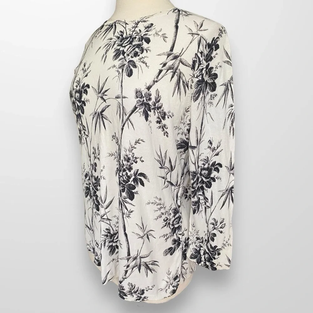 LOFT‎ XL Crew Neck Pullover Sweater Tunic Top Lightweight Cream Black Floral